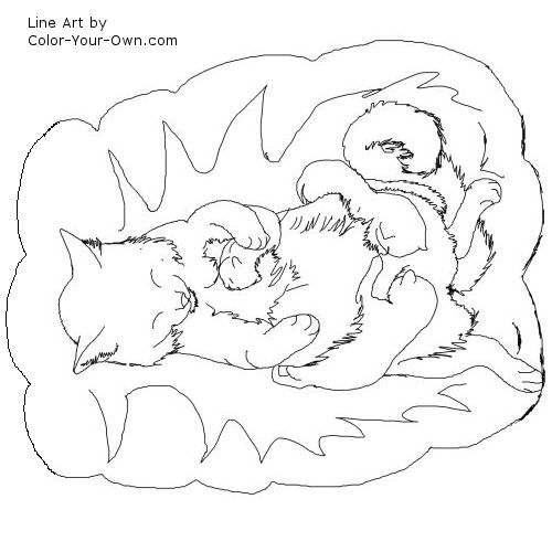 Mother cat with kittens line art