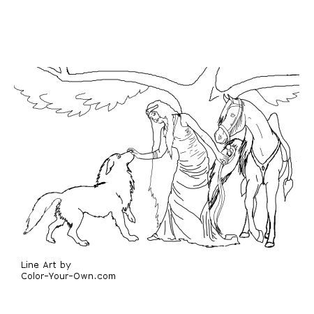 Fairy with a horse and wolf Line Art