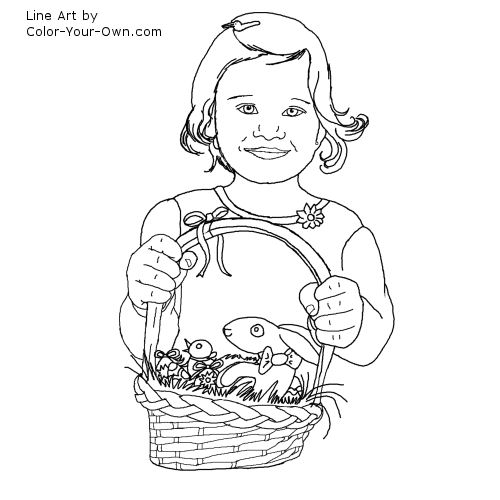 Girl with Easter Egg Basket Line Art