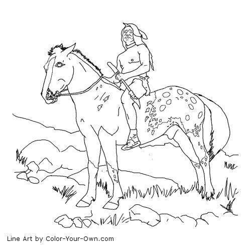 Nez Perce Native American on Appaloosa Horse Line Art
