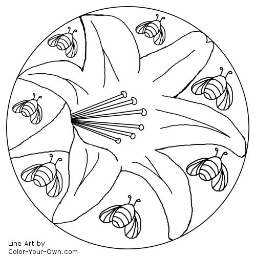 Lily and Bees Spring Mandala Line Art