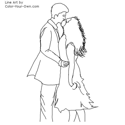 Valentine Windswept Couple Kissing Line Art